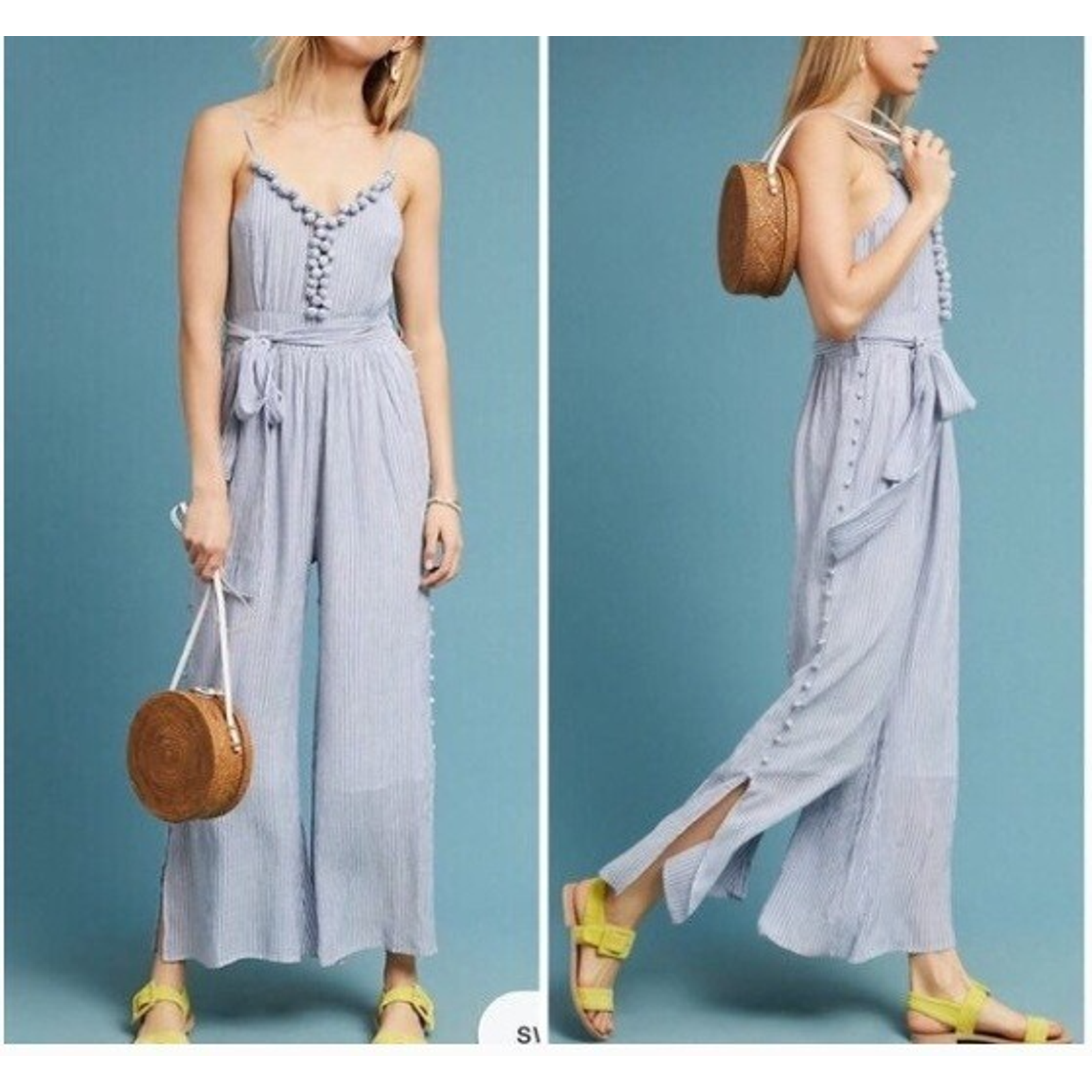 Anthropologie Maeve Jumpsuit Blue Maritime Pom Pom White Stripe Crinkled Sz 14